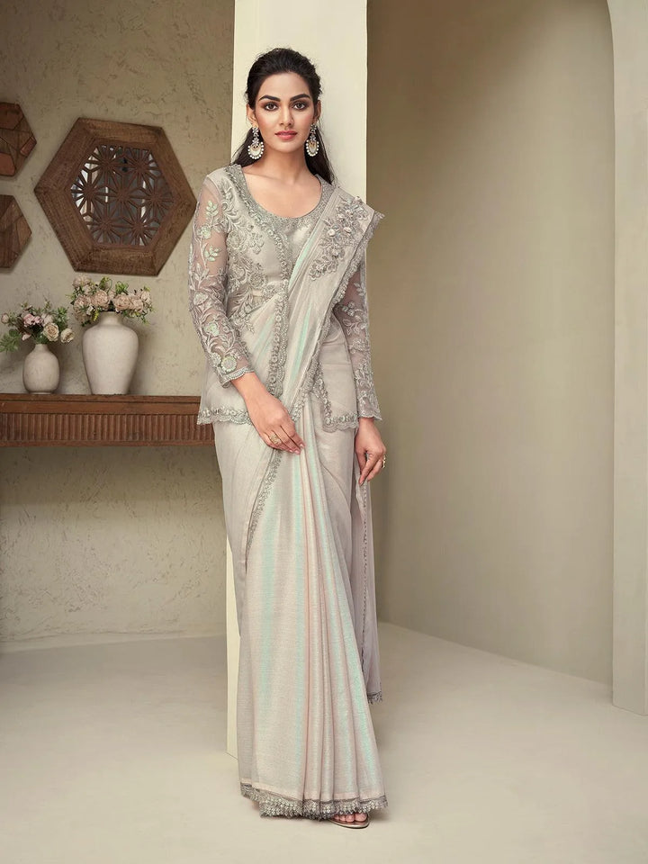 Beige Sequin Embroidered Fancy Party Wear Saree With Jacket - VJV Now