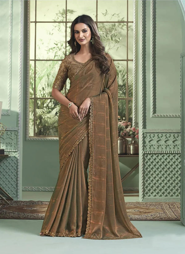 Beige Sequin Saree with Embroidered Georget Party Wear Saree - VJV Now