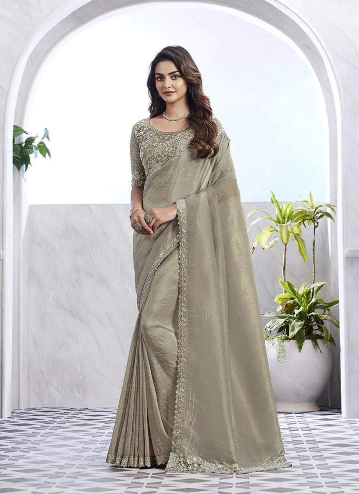 Beige Shimmer Sequin Silk Party Wear Saree - VJV Now