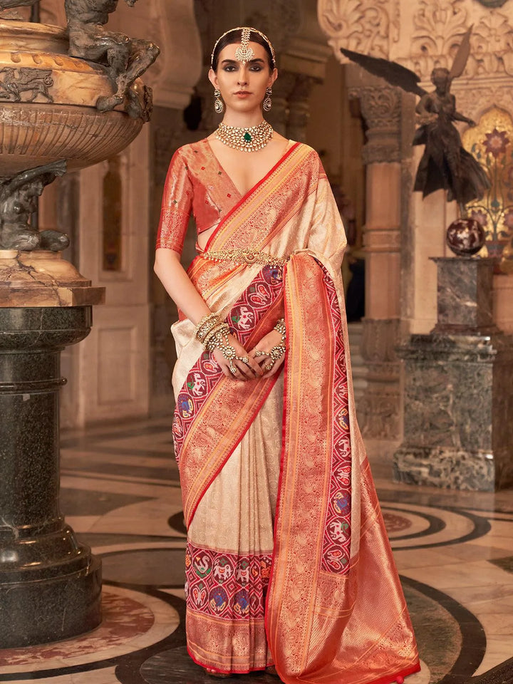 Beige Silk Banarasi Zari Woven Saree Wedding Wear - VJV Now