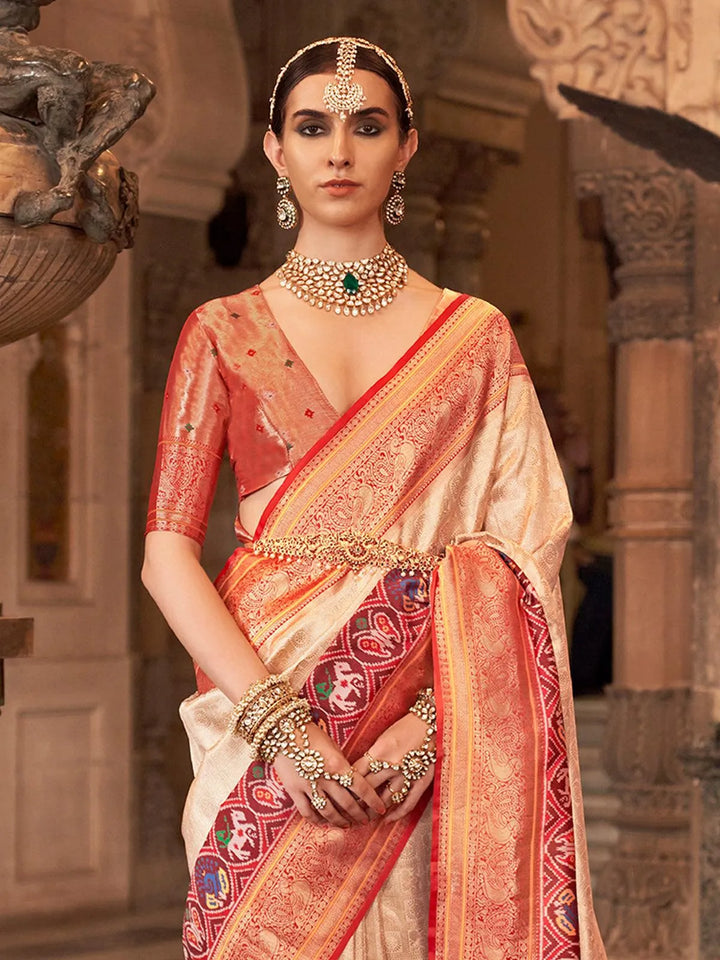 Beige Silk Banarasi Zari Woven Saree Wedding Wear - VJV Now