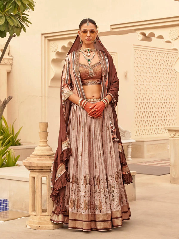 Beige Silk Lehenga Choli Set with Jacket For Wedding - VJV Now