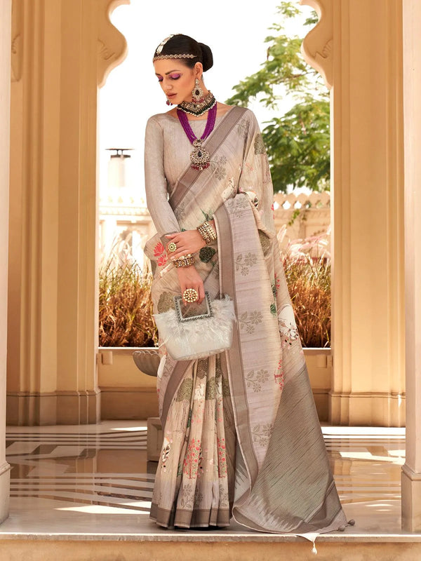 Beige Super Silk Saree with Traditional Khadi Print for All Occasion - VJV Now