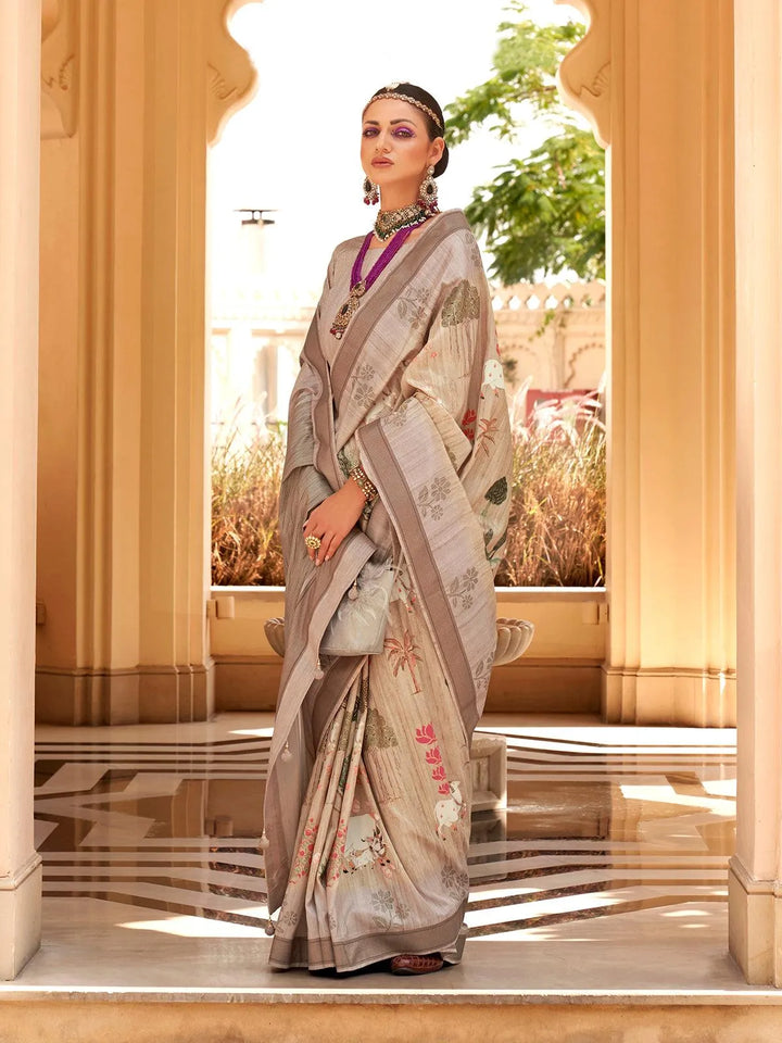 Beige Super Silk Saree with Traditional Khadi Print for All Occasion - VJV Now