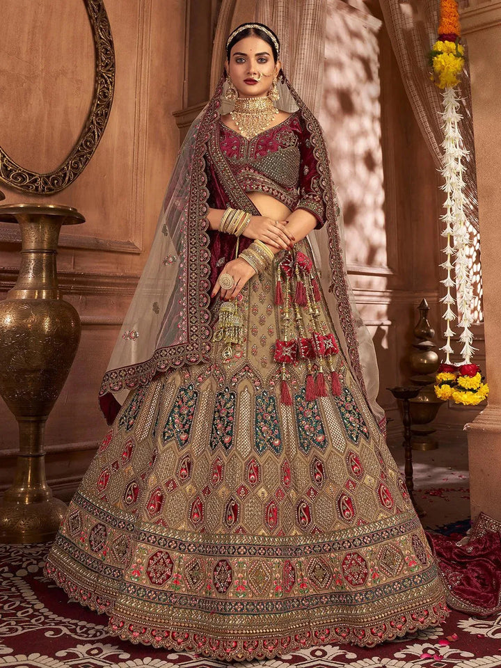 Beige Velvet Heavy Embroidered Umbrella Lehenga Choli With Double Dupatta Wedding Wear - VJV Now