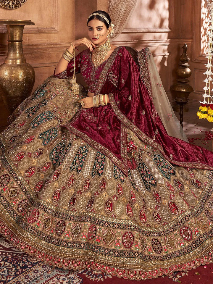 Beige Velvet Heavy Embroidered Umbrella Lehenga Choli With Double Dupatta Wedding Wear - VJV Now