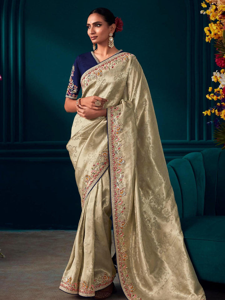 Beige Woven Banarasi Soft Silk Designer Saree Party Wear - VJV Now