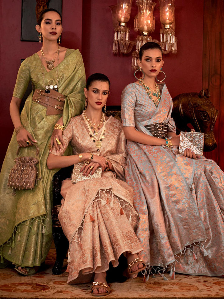 Beige Woven Design Zari Work Banarasi Silk Saree - VJV Now