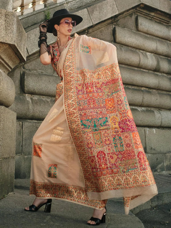 Beige Woven Zari And Floral Motif Saree - VJV Now