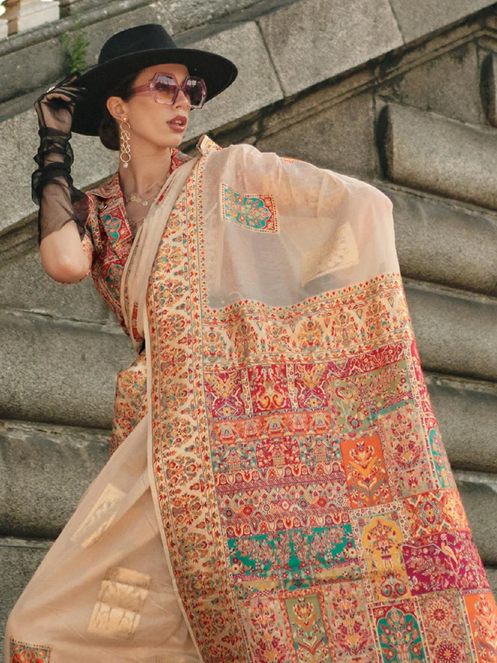 Beige Woven Zari And Floral Motif Saree - VJV Now