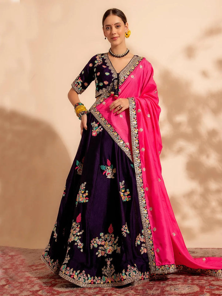 Bewitching Dark Purple Bridal Lehenga Choli with Handcrafted for Your Wedding Day - VJV Now