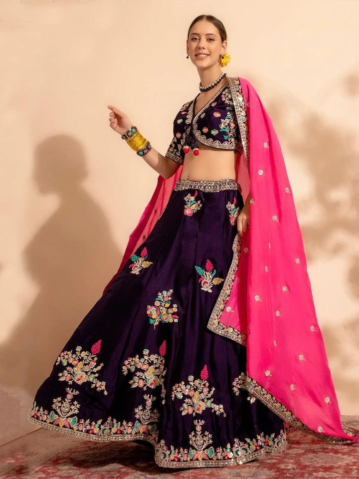 Bewitching Dark Purple Bridal Lehenga Choli with Handcrafted for Your Wedding Day - VJV Now