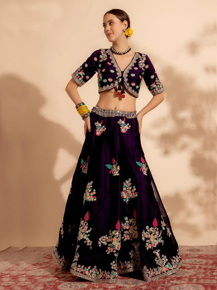 Bewitching Dark Purple Bridal Lehenga Choli with Handcrafted for Your Wedding Day - VJV Now