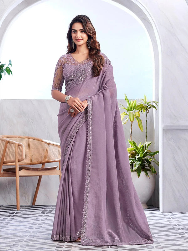 Bewitching Lavender Silk Sequin Party Wear Saree - VJV Now