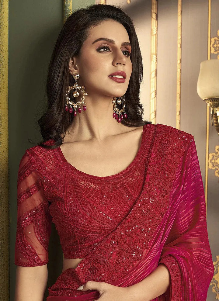 bewitching maroon silk sequin work party wear saree - VJV Now