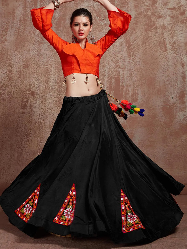 Black And Orange Silk Mirror Work Navratri Lehenga Choli - VJV Now