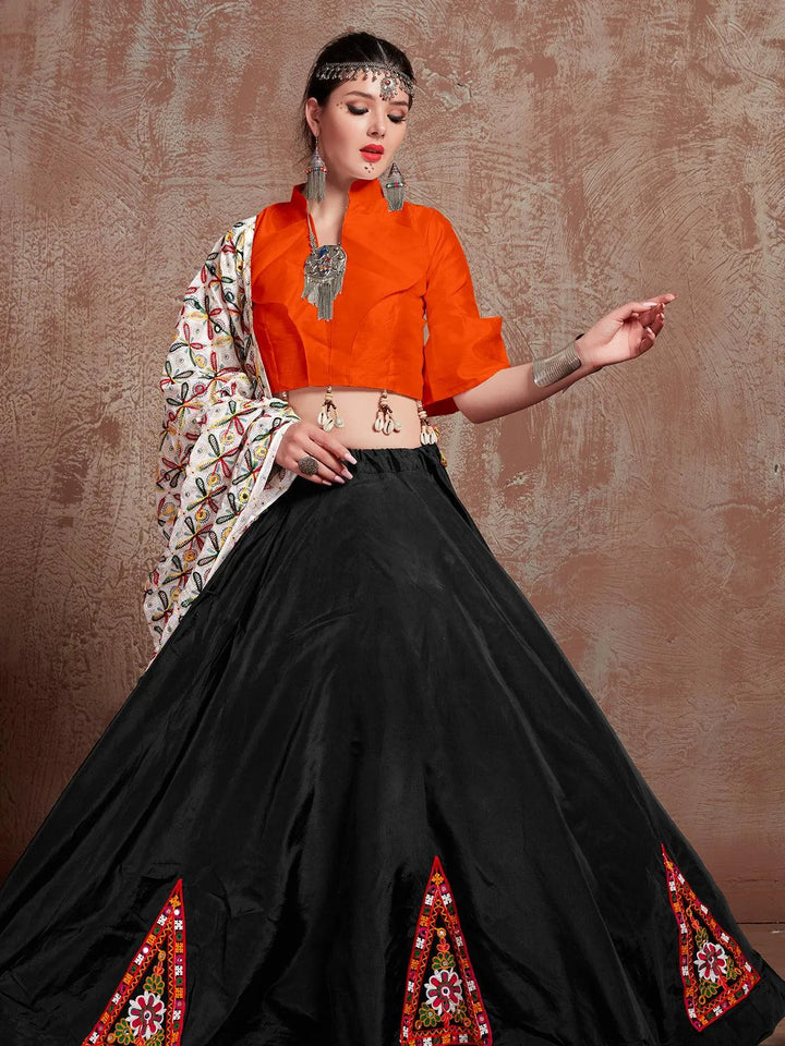 Black And Orange Silk Mirror Work Navratri Lehenga Choli - VJV Now