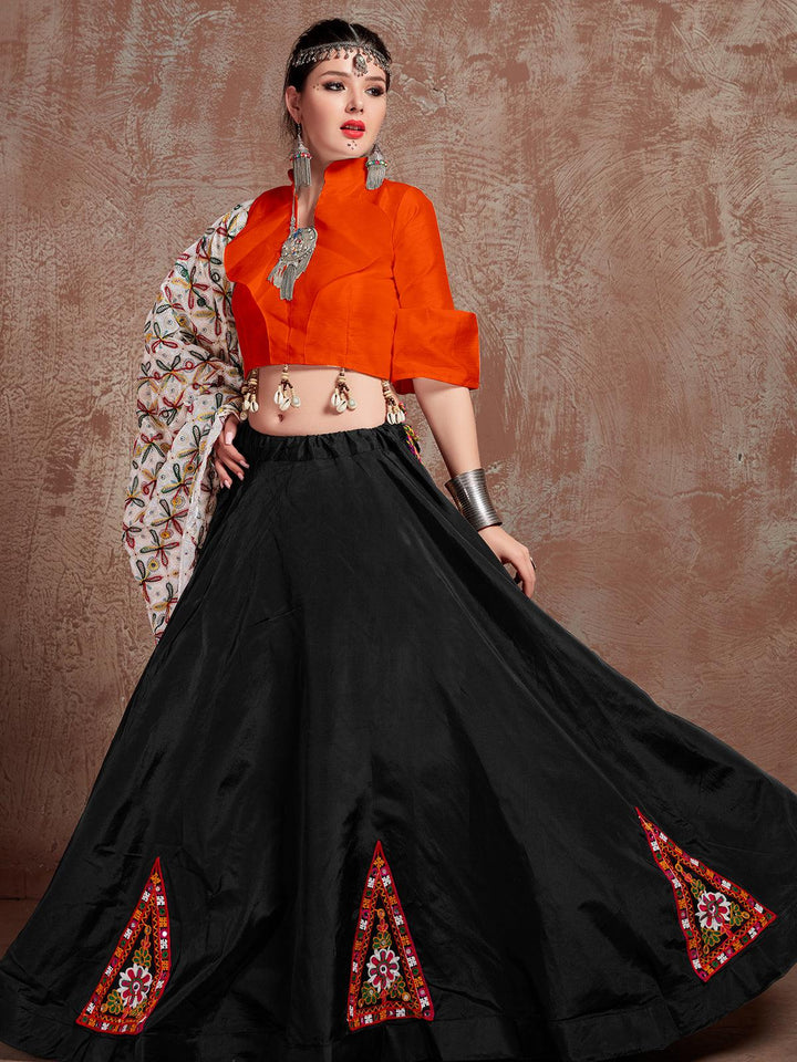 Black And Orange Silk Mirror Work Navratri Lehenga Choli - VJV Now