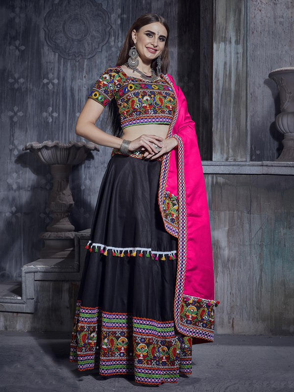 Black And Pink Silk Thread Embroidered Navratri Lehenga Choli - VJV Now