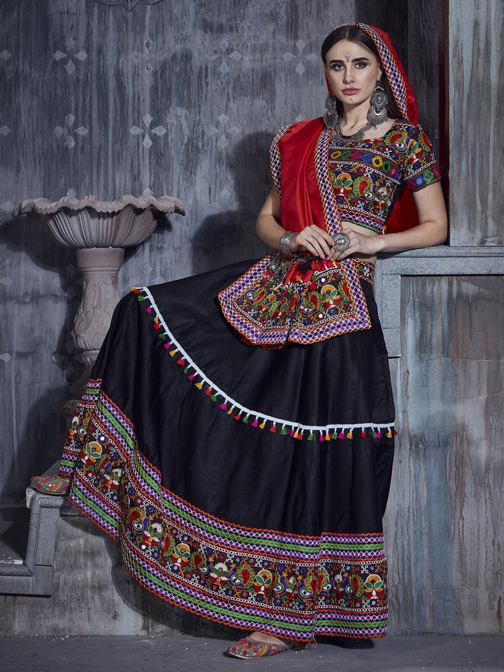 Black And Pink Silk Thread Embroidered Navratri Lehenga Choli - VJV Now