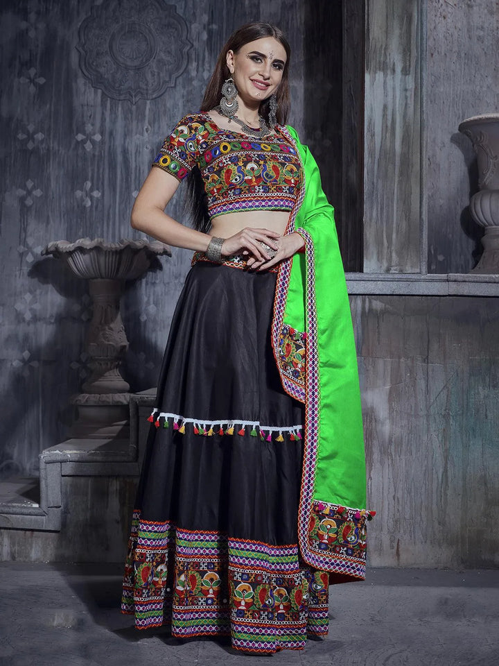 Black And Pink Silk Thread Embroidered Navratri Lehenga Choli - VJV Now