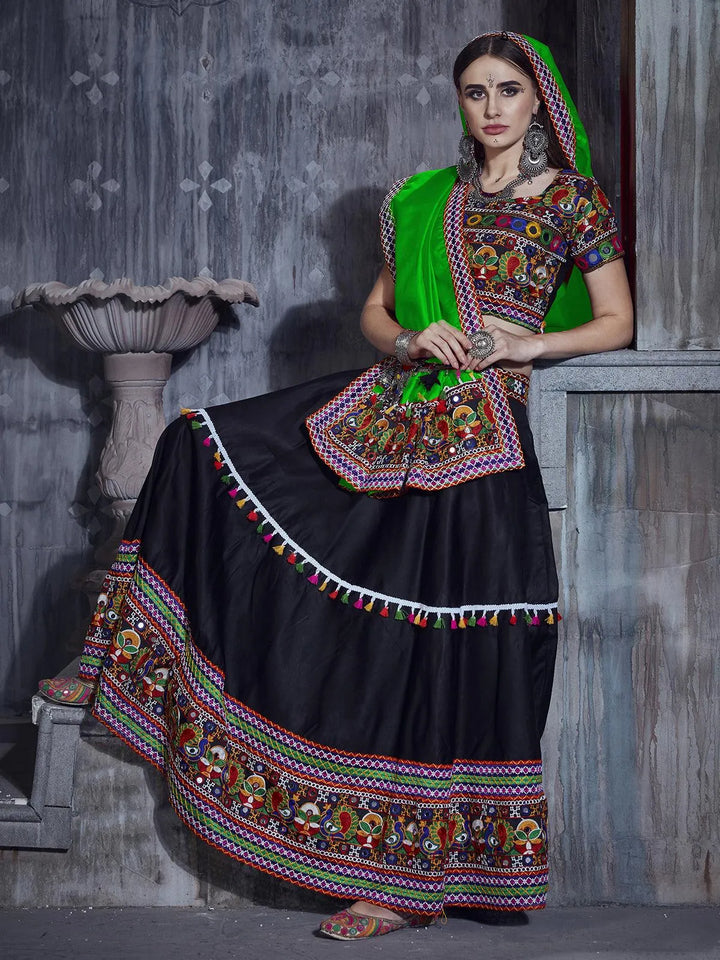 Black And Pink Silk Thread Embroidered Navratri Lehenga Choli - VJV Now