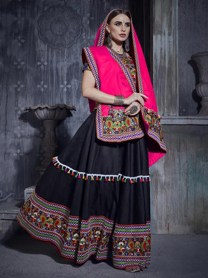 Black And Pink Silk Thread Embroidered Navratri Lehenga Choli - VJV Now