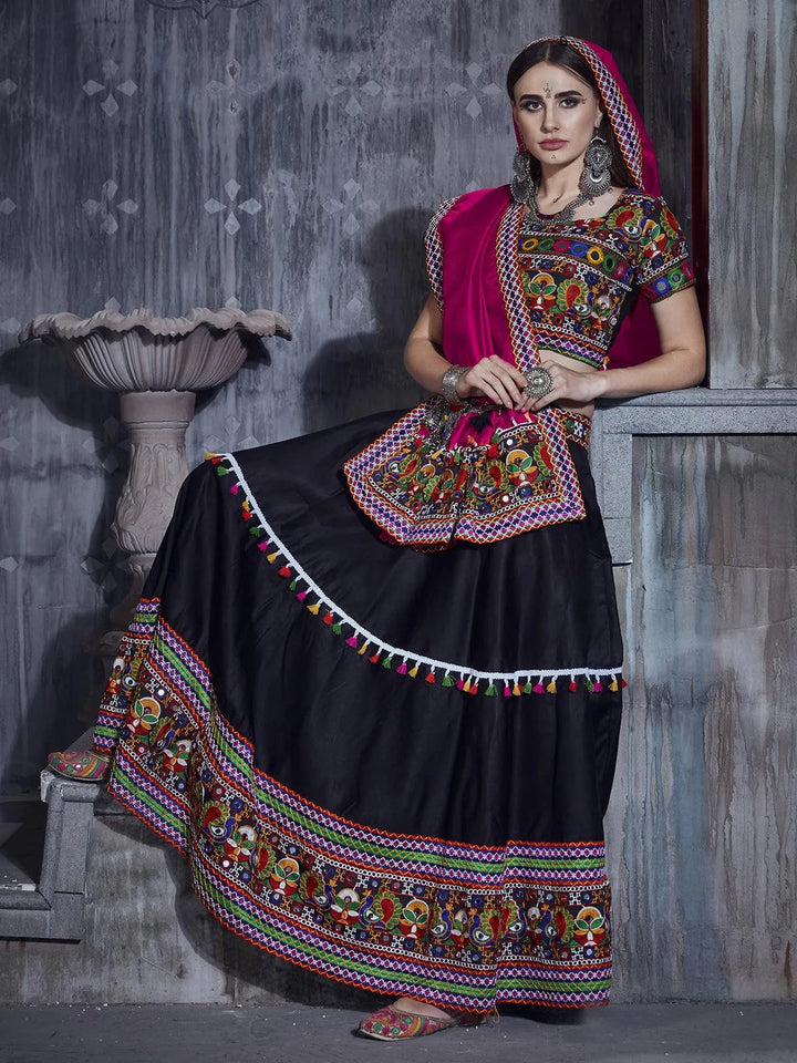 Black And Pink Silk Thread Embroidered Navratri Lehenga Choli - VJV Now