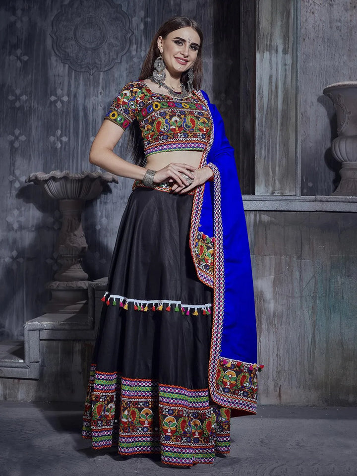 Black And Pink Silk Thread Embroidered Navratri Lehenga Choli - VJV Now