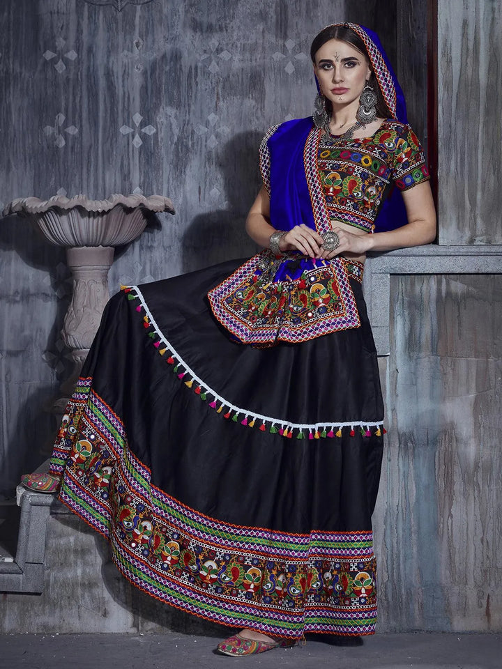 Black And Pink Silk Thread Embroidered Navratri Lehenga Choli - VJV Now