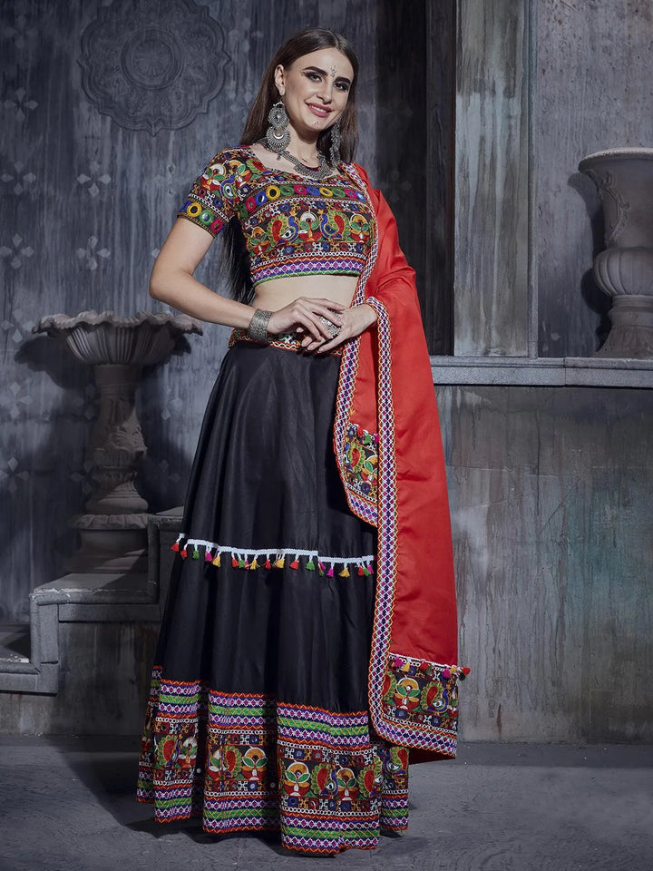 Black And Pink Silk Thread Embroidered Navratri Lehenga Choli - VJV Now