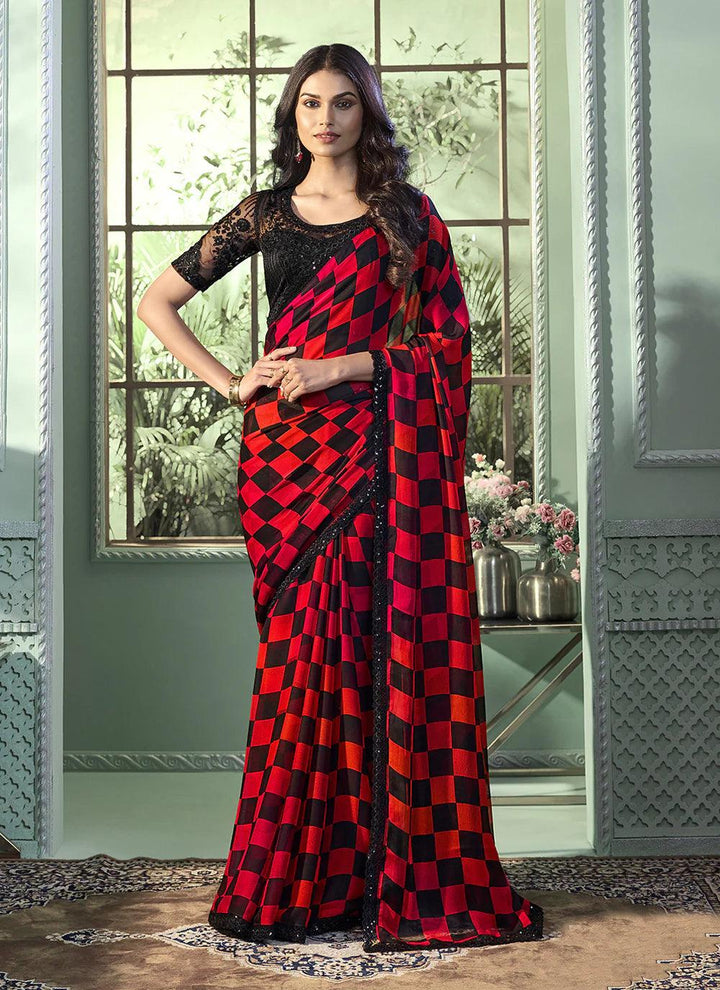 Black & Red Sequin Saree with Embroidered Chiffon for Party Look - VJV Now