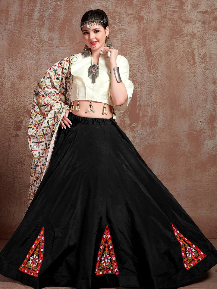 Black And White Silk Mirror Work Navratri Lehenga Choli - VJV Now