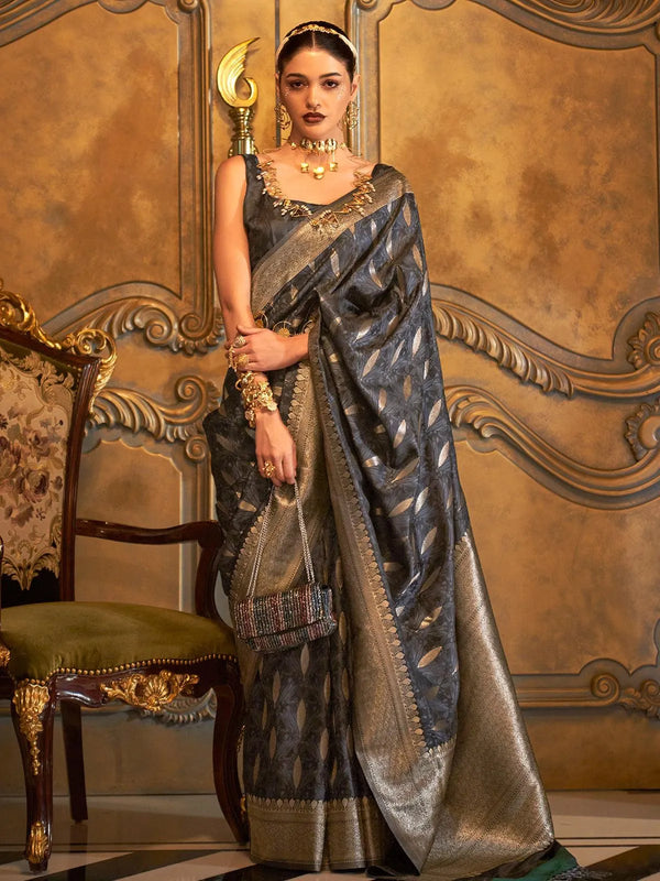 Black Banarasi Satin Zari Work Saree - VJV Now