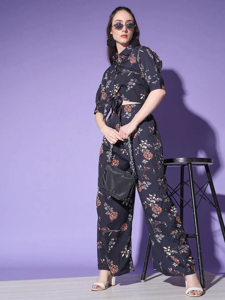 Black Beautiful Floral Printed Top Palazzos Set - VJV Now