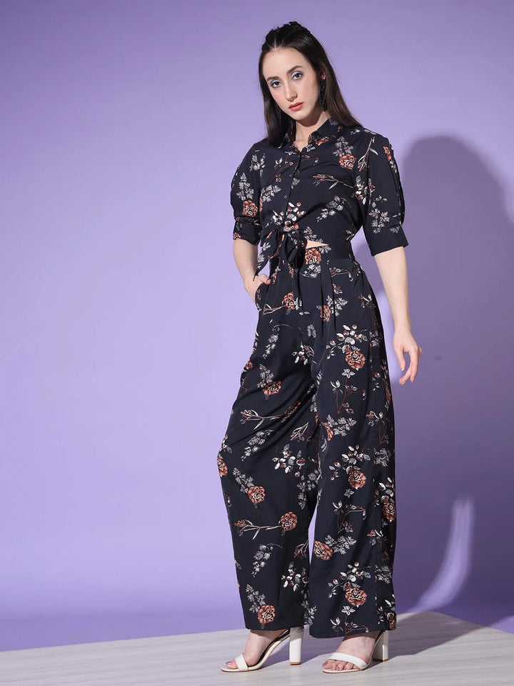 Black Beautiful Floral Printed Top Palazzos Set - VJV Now