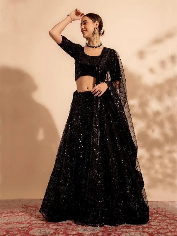 Black Bridal Lehenga Choli with Premium Thread & Sequin Work for weeding wear - VJV Now