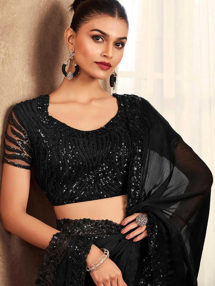 Black Chiffon Sequin Saree with Embroidered Blouse - VJV Now