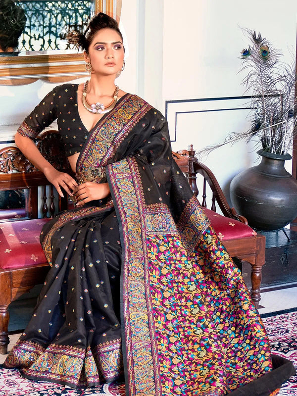 Black Color Pashmina Border Printed Saree Party Wear - VJV Now