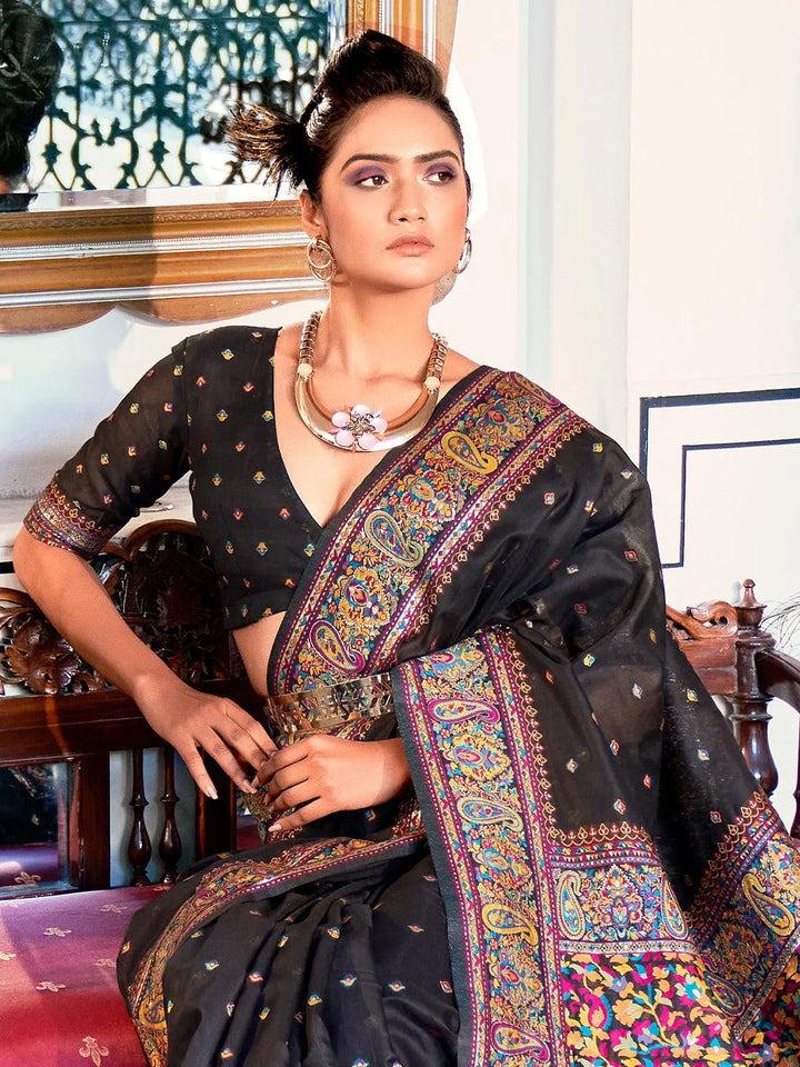 Black Color Pashmina Border Printed Saree Party Wear - VJV Now