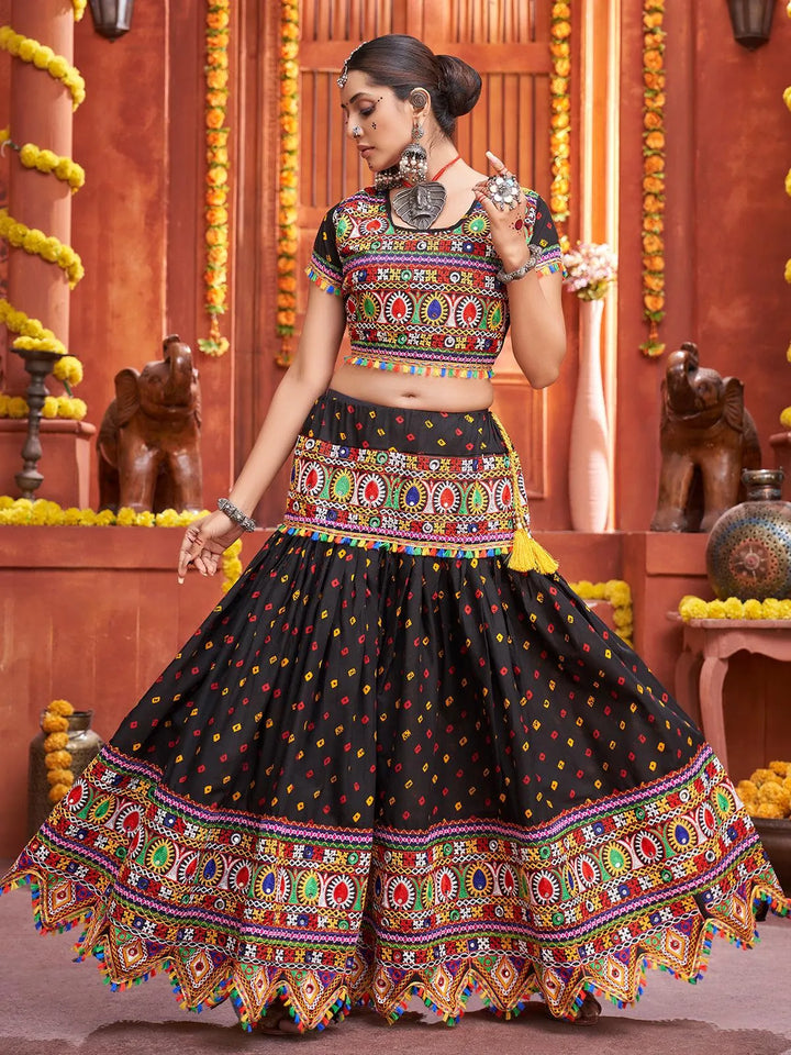 Black Cotton Mirror Work Navratri Lehenga Choli - VJV Now