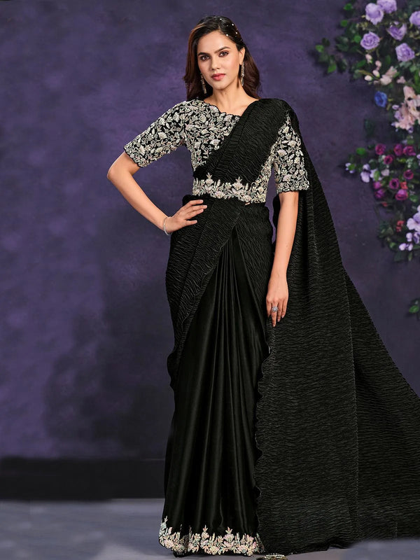 Black Crape Satin Embroidered Ready to Wear Saree - VJV Now