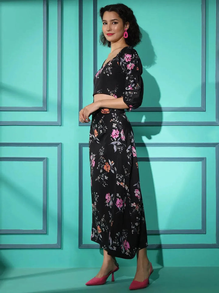 Black Crepe Floral Printed Top with Matching Skirt - VJV Now