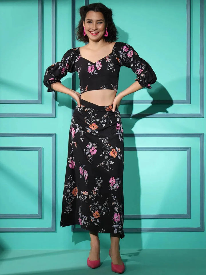 Black Crepe Floral Printed Top with Matching Skirt - VJV Now