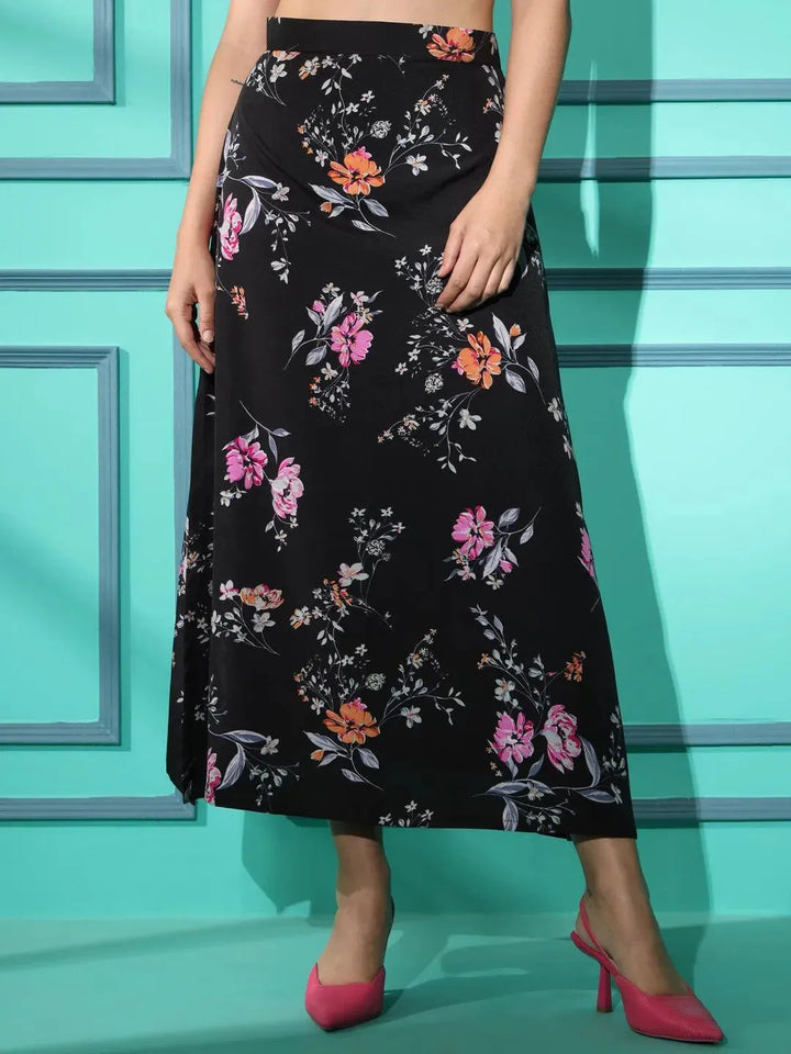 Black Crepe Floral Printed Top with Matching Skirt - VJV Now