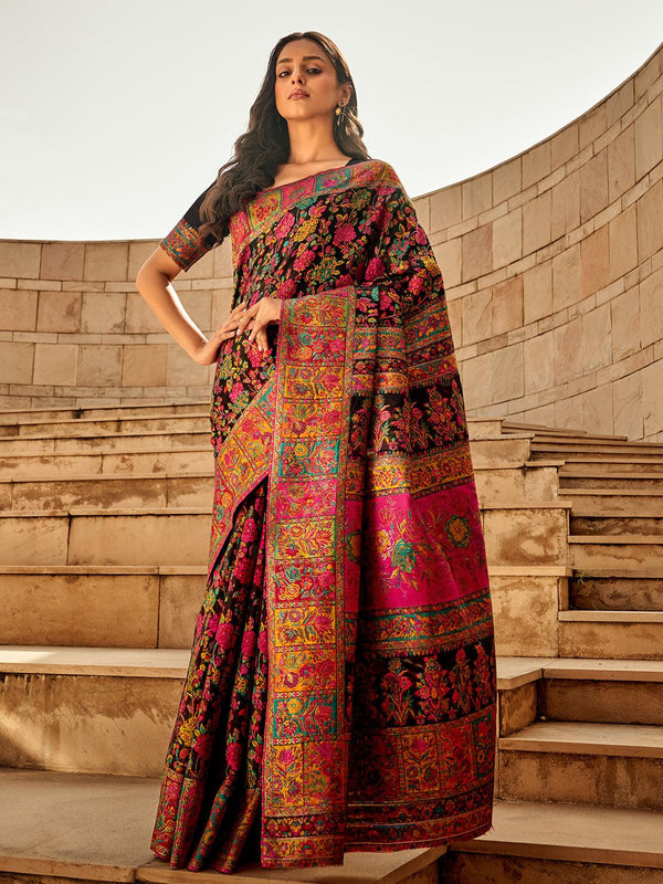 Black Floral Work Satin Handloom Saree Designer Wear - VJV Now
