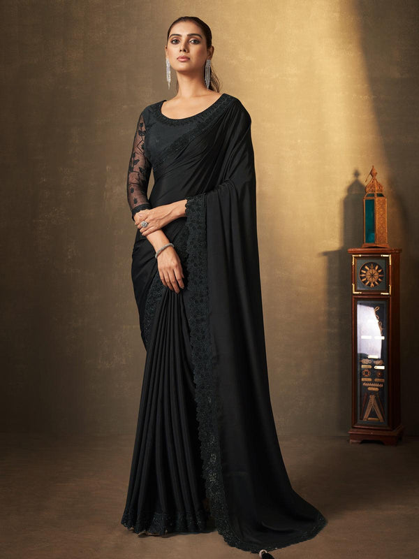 Black Georgette Saree with Sequins Embroidered Party Wear - VJV Now