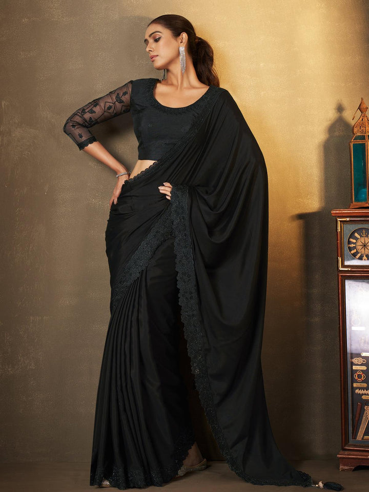 Black Georgette Saree with Sequins Embroidered Party Wear - VJV Now