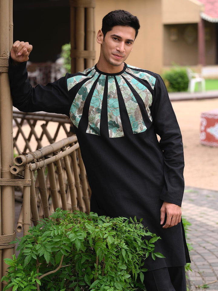 Black Green Color Cotton fabric Digital Printed Embroidery work kurta Set for men - VJV Now
