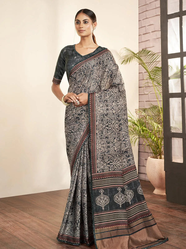 Black Paisley Printed Classic Silk Saree - VJV Now